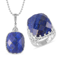 TLV Lapis Lazuli Solitaire Ring (Size 6.0) and Pendant Necklace (20-22 Inches) in Stainless Steel 30.00 ctw