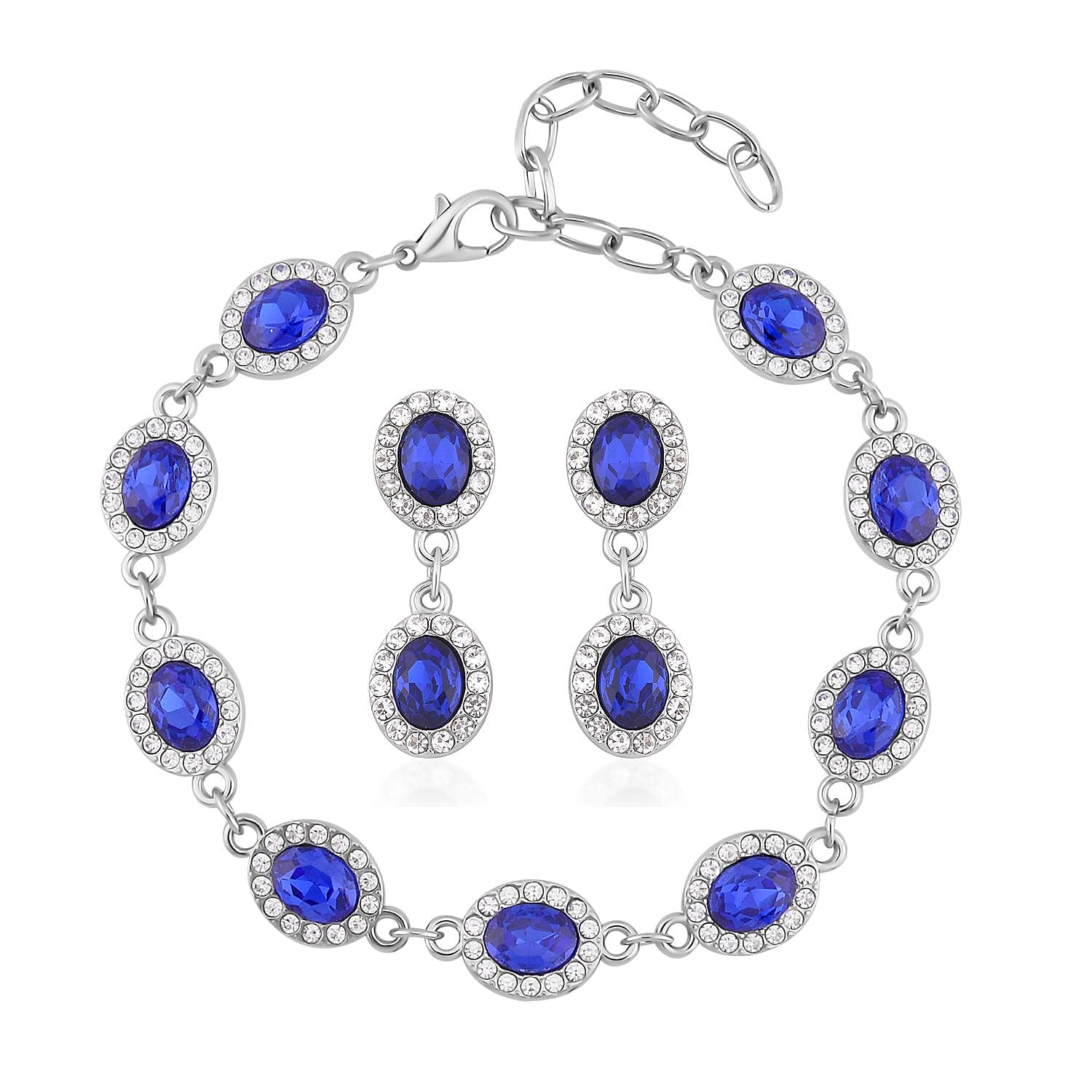 Simulated Blue Sapphire and White Austrian Crystal Bracelet (7.50In) and Earrings in Silvertone