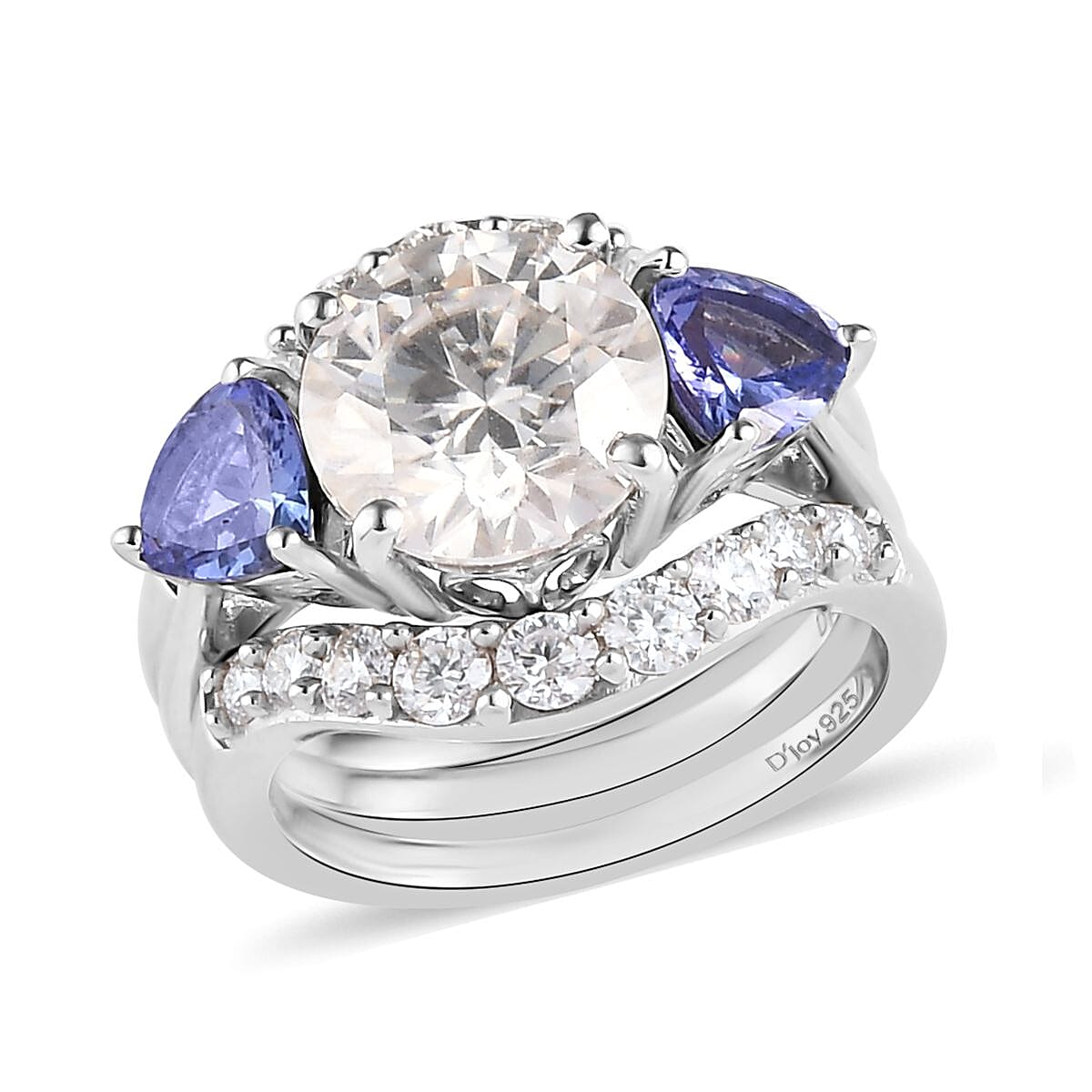 Moissanite and Tanzanite Set of 2 Stackable Ring in Platinum Over Sterling Silver (Size 7.0) 4.00 ctw