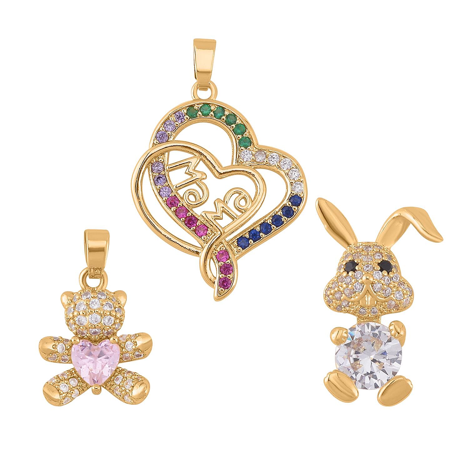Simulated Multi Color Diamond 1.50 ctw Set of 3 Teddy Bear, Heart and Rabbit Pendant without Chain in Goldtone