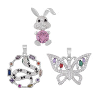 Simulated Multi Color Diamond 7.30 ctw Set of 3 Butterfly, Snake and Rabbit Pendant without Chain in Silvertone