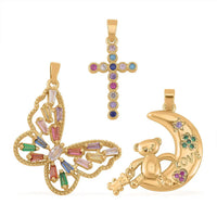 Simulated Multi Color Diamond Set of 3 Butterfly, Moon and Cross Pendant in Goldtone 1.00 ctw