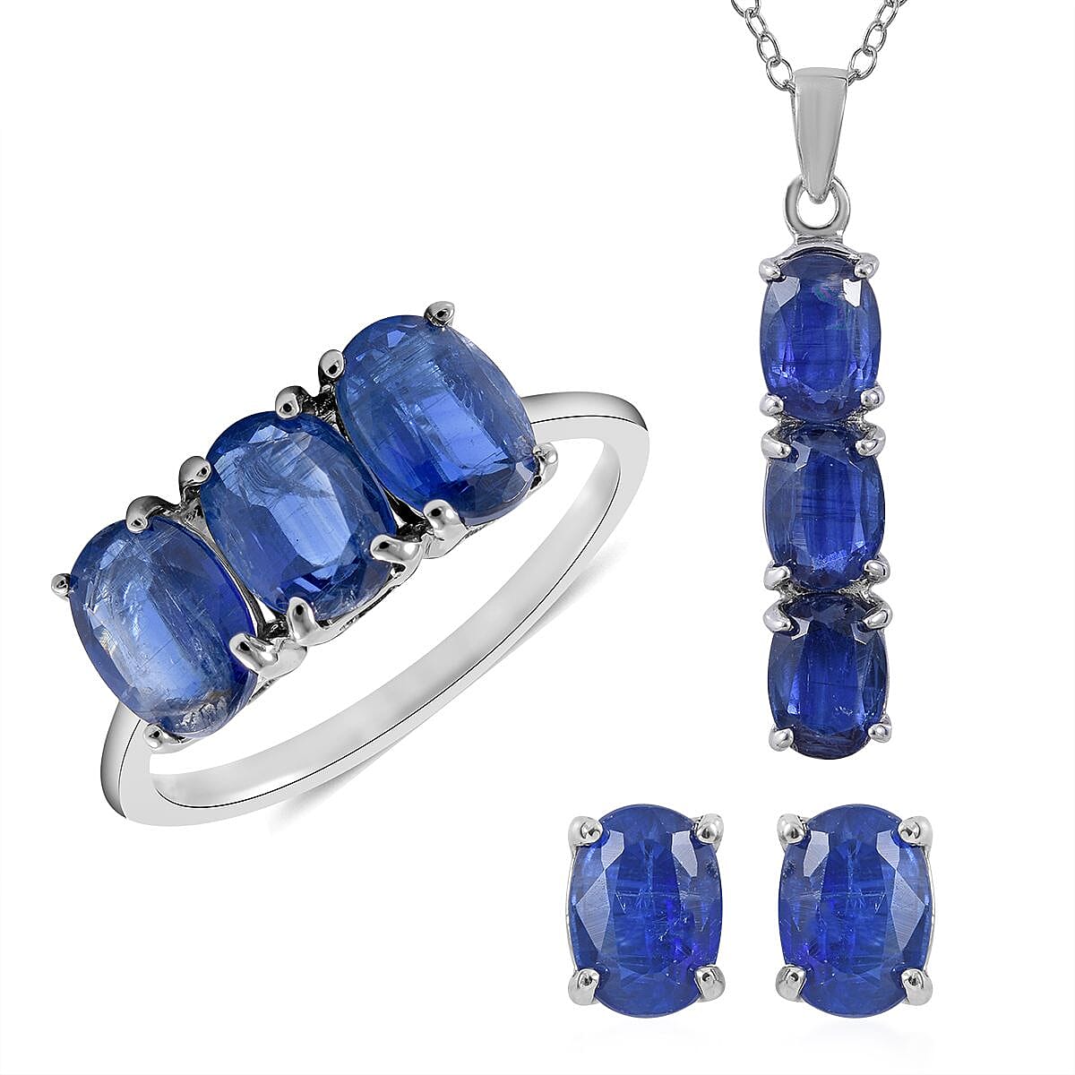 Kashmir Kyanite 3 Stone Ring , Stud Earrings and Pendant Necklace 18 Inches in Platinum Over Sterling Silver 8.25 ctw