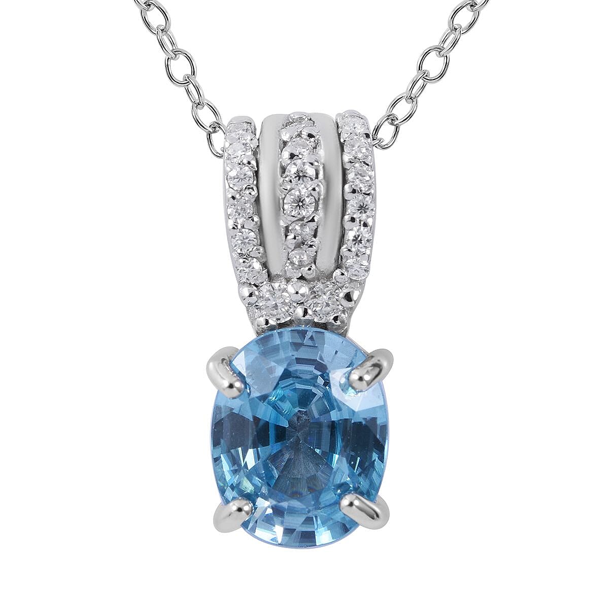 Cambodian Blue Zircon and Moissanite Pendant Necklace 18 Inches in Platinum Over Sterling Silver 3.40 ctw