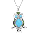 Sleeping Beauty Turquoise and Chrome Diopside Owl Pendant Necklace 18 Inches in Rhodium Over Sterling Silver 2.60 ctw - Sticky add to cart bar