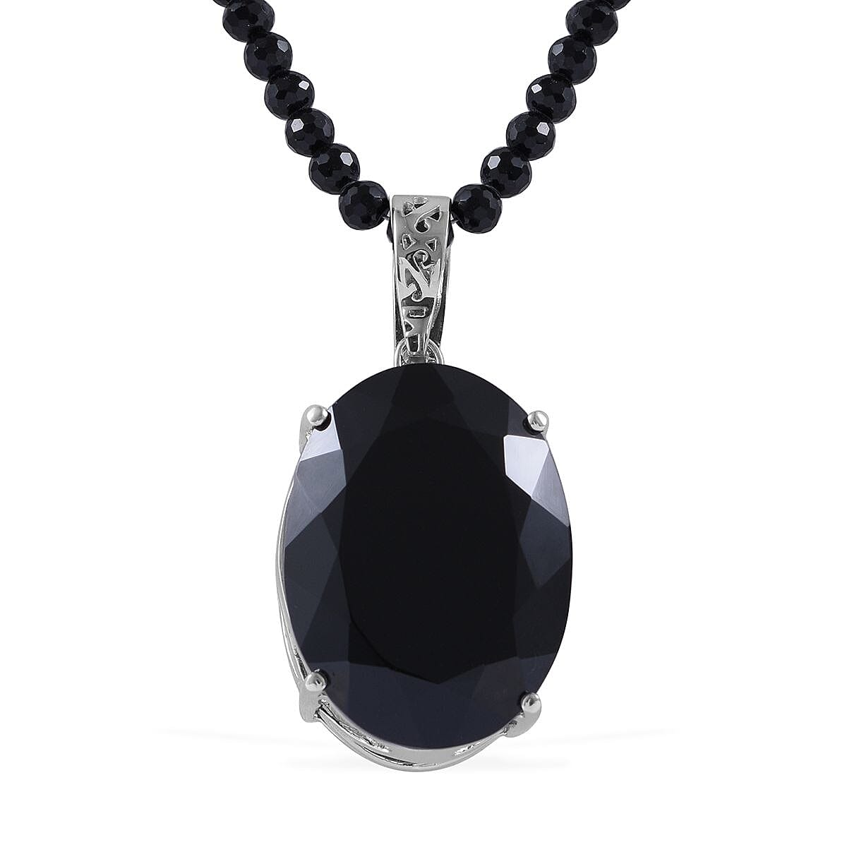 Natural Thai Black Spinel Pendant with Beaded Necklace 18 Inches in Platinum Over Sterling Silver 13.50 Grams 200.00 ctw