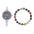 Strada Japanese Movement Murano Pattern Dial Watch in Slivertone and Murano Style and Resin Beaded Stretch Bracelet (6.5-7.5In) - Sticky add to cart bar