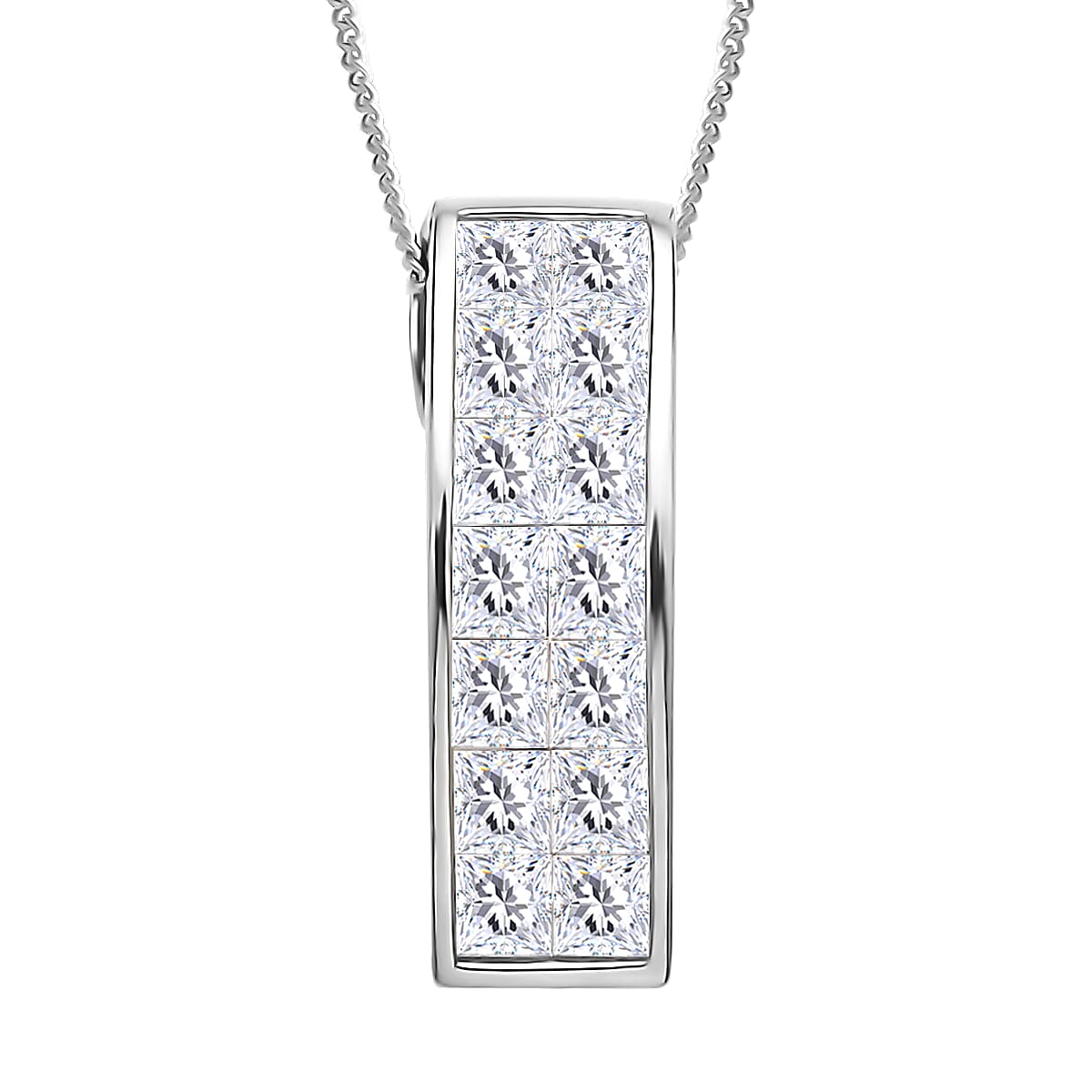 Moissanite Invisible Set Bar Pendant Necklace 18 Inches in Rhodium Over Sterling Silver 2.15 ctw
