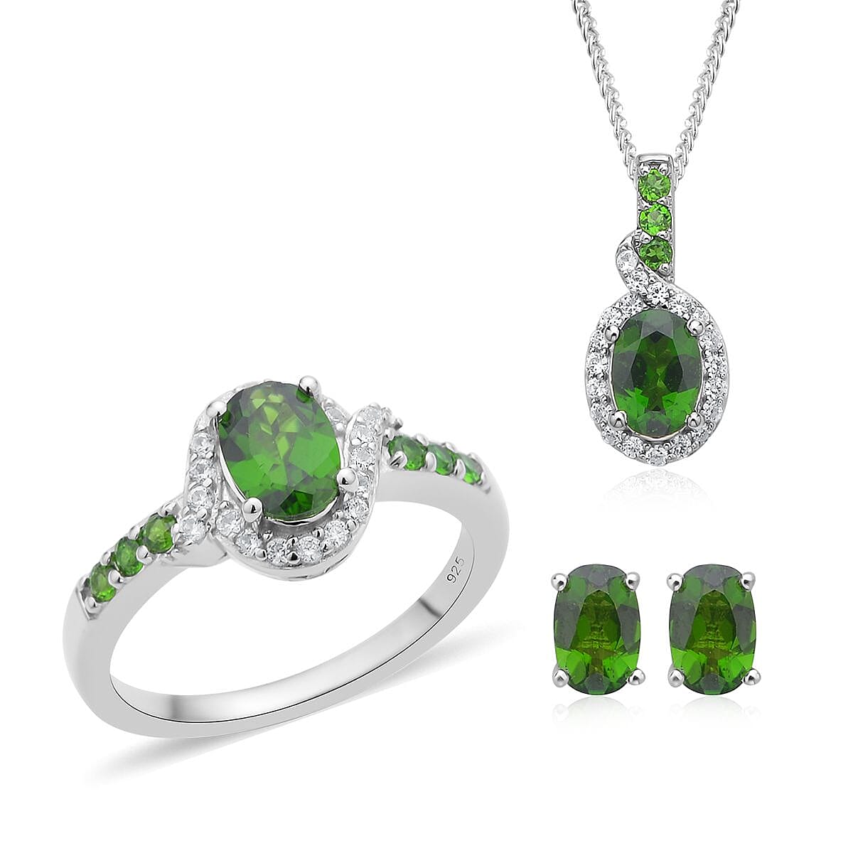 Natural Chrome Diopside, White Zircon Stud Earrings, Ring and Pendant Necklace 18 Inches in Rhodium Over Sterling Silver 3.40 ctw