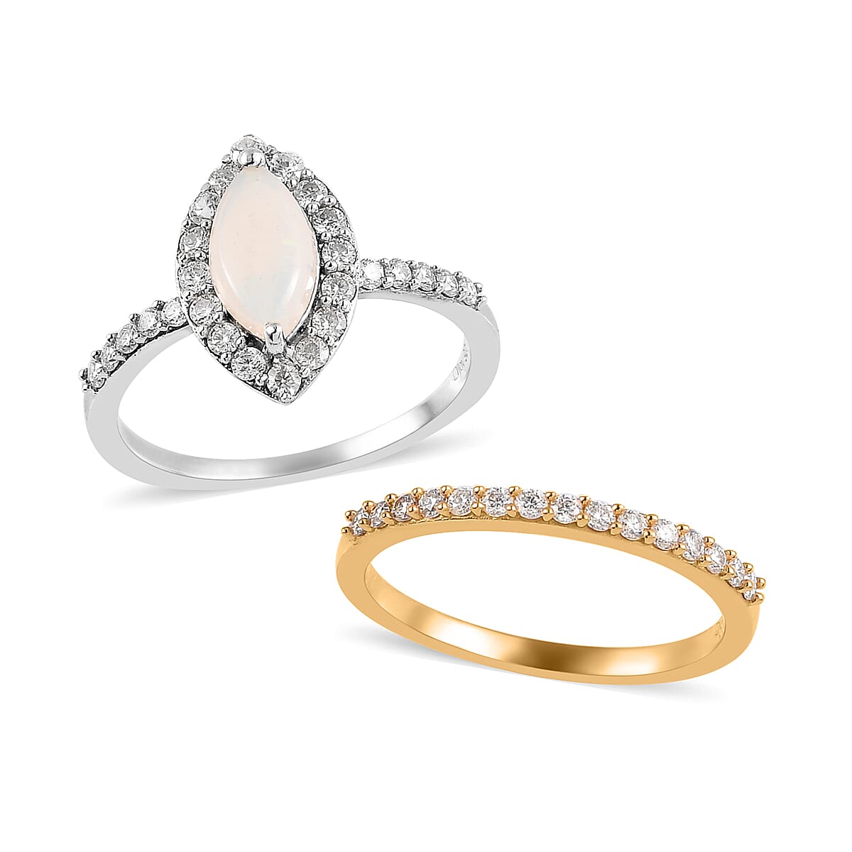 Australian White Opal and Moissanite Set of 2 Ring in Platinum and Vermeil Yellow Gold Over Sterling Silver 1.25 ctw (Delivery in 5-7 Business Days)