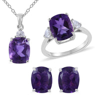 Amethyst, Natural White Zircon Stud Earrings, Ring (Size 5.0) and Pendant Necklace 18 Inches in Platinum Over Sterling Silver 8.40 ctw