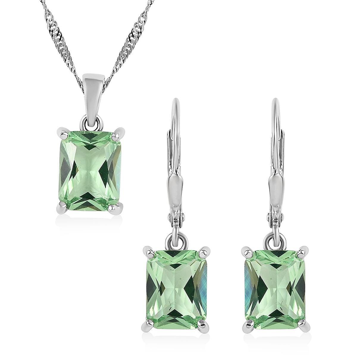 Simulated Green Diamond Earrings and Pendant Necklace 18 Inches in Rhodium Over Sterling Silver 13.35 ctw