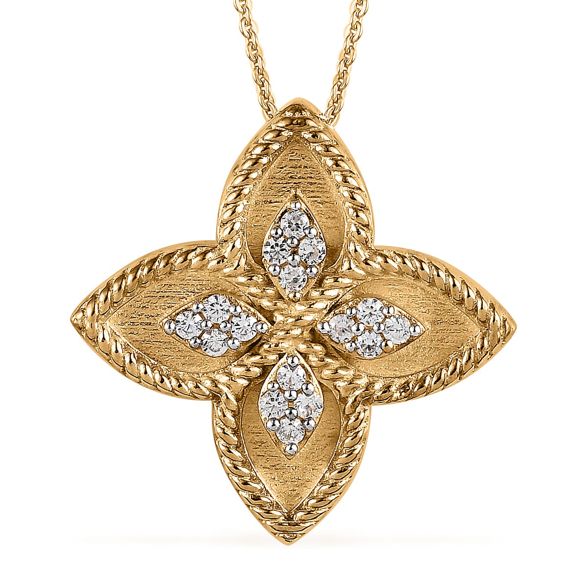 White Zircon Floral Pendant Necklace 20 Inches in Vermeil Yellow Gold Over Sterling Silver 0.25 ctw
