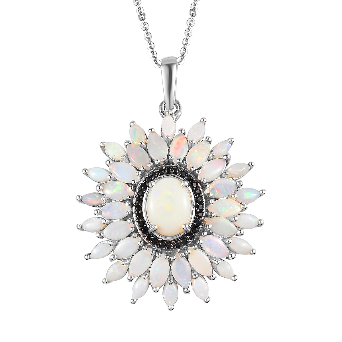 Australian Opal and Thai Black Spinel Floral Pendant Necklace 20 Inches in Platinum Over Sterling Silver 3.25 ctw