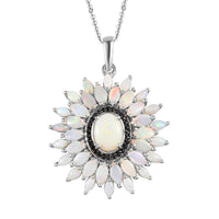 Australian Opal and Thai Black Spinel Floral Pendant Necklace 20 Inches in Platinum Over Sterling Silver 3.25 ctw