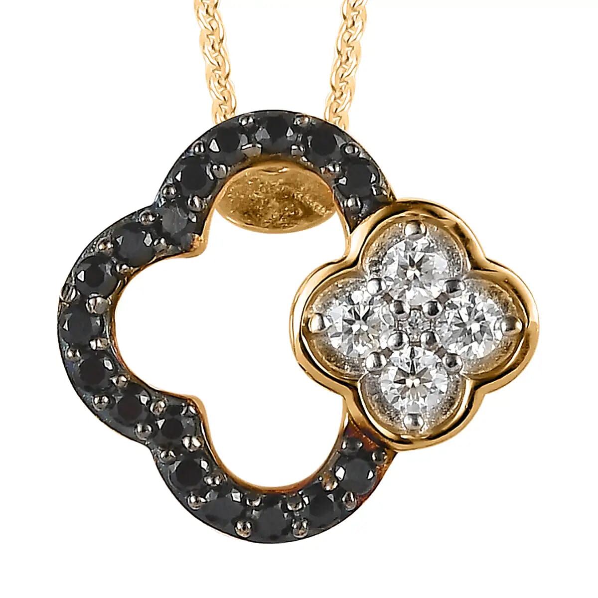 Moissanite and Thai Black Spinel 4 Leaf Clover Pendant Necklace 20 Inches in Vermeil Yellow Gold Over Sterling Silver 0.40 ctw