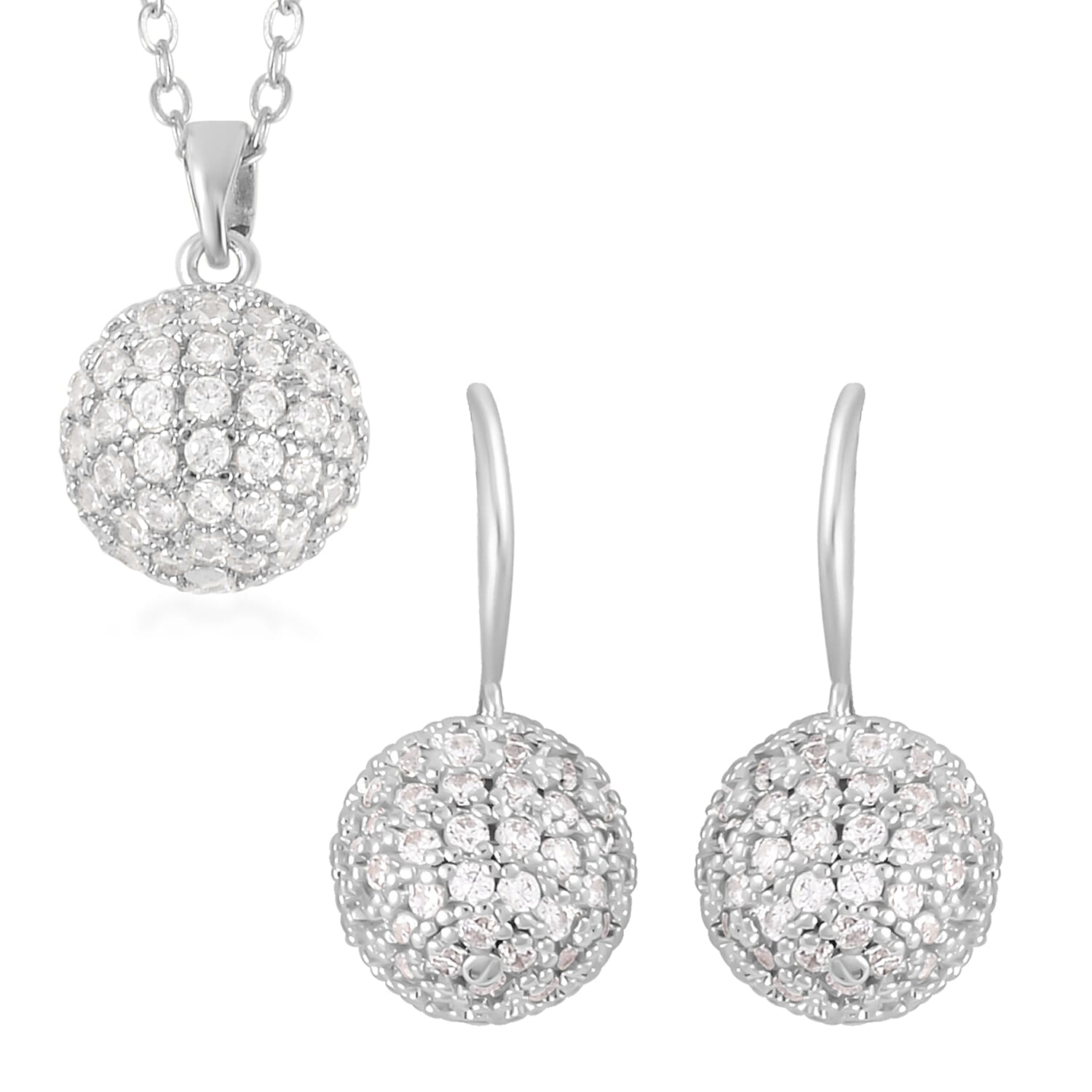 Simulated Diamond Earrings and Pendant Necklace 20-22 Inches in Silvertone 1.20 ctw