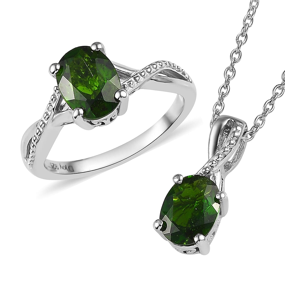 Natural Chrome Diopside Solitaire Ring Size 10 and Pendant Necklace 20 Inches in Platinum Over Sterling Silver 2.40 ctw