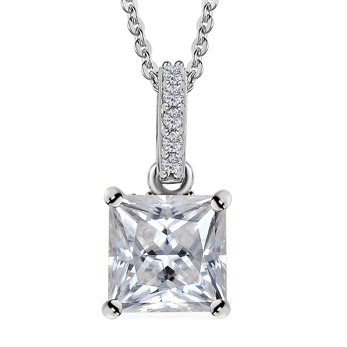 Moissanite (Sqr 7 mm) Pendant Necklace (20 Inches) in Platinum Over Over Sterling Silver 2.00 ctw