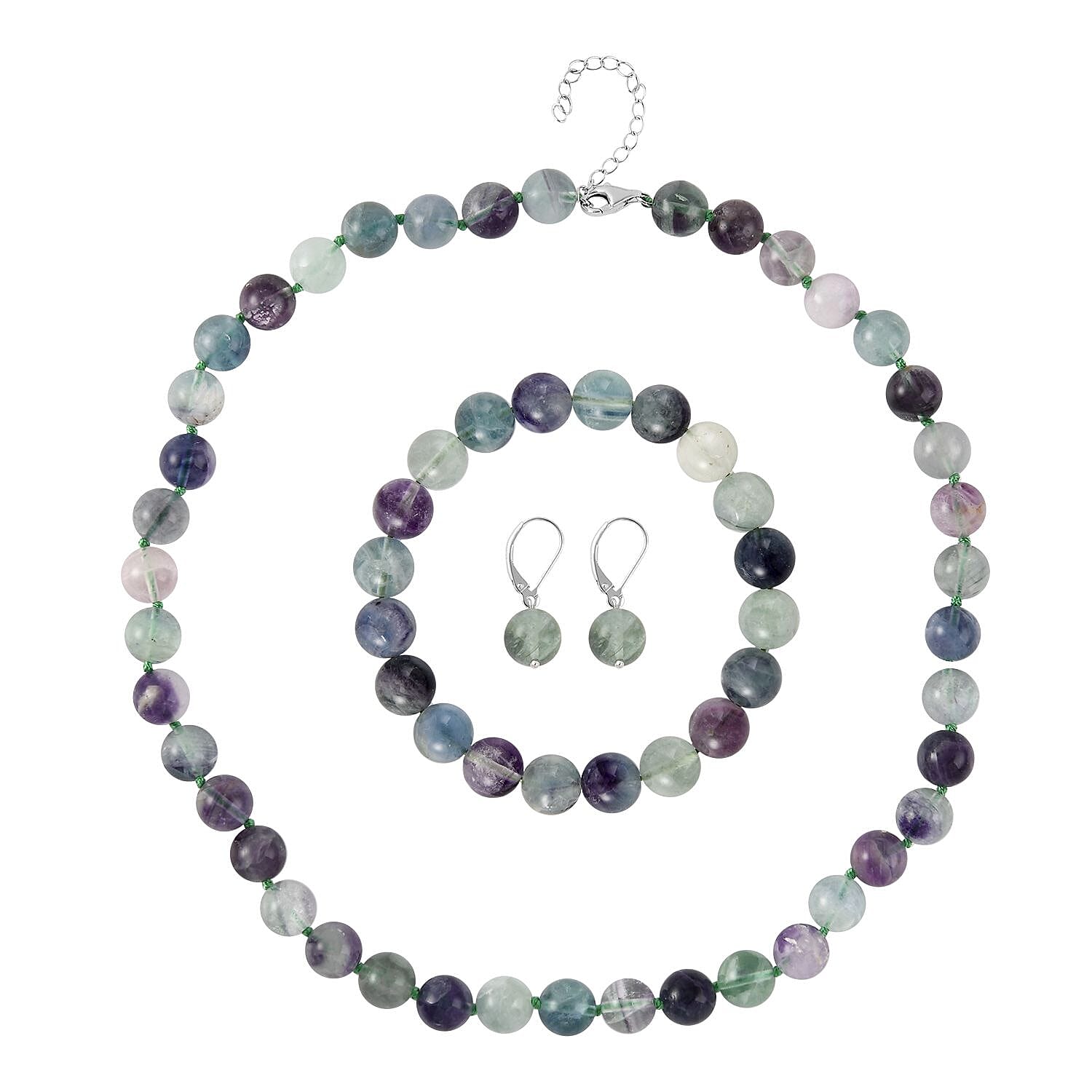 Multi Fluorite Beaded Earrings, Stretch Bracelet and Necklace 18-20 Inches in Sterling Silver 551.50 ctw