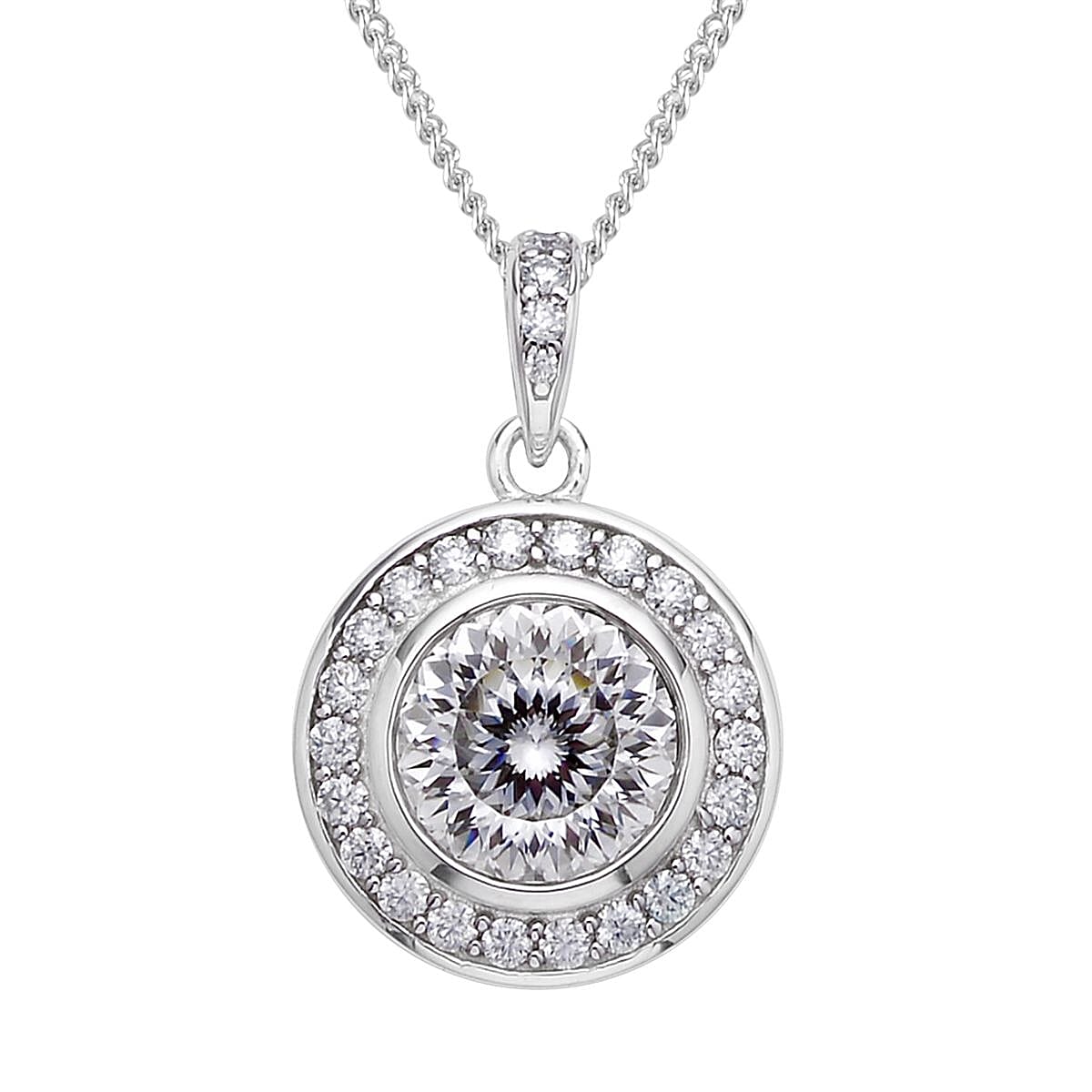 129 Facet Moissanite Halo Pendant Necklace 18 Inches in Rhodium Over Sterling Silver 2.20 ctw
