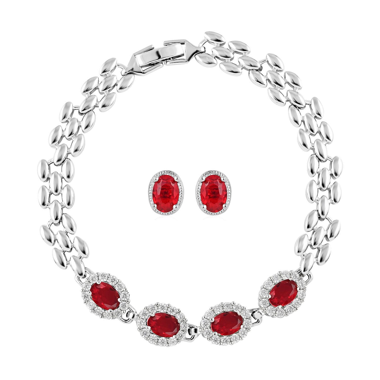 Ankur Treasure Chest Deal Simulated Red and White Diamond Bracelet (7.50In) and Earrings in Silvertone 4.15 ctw