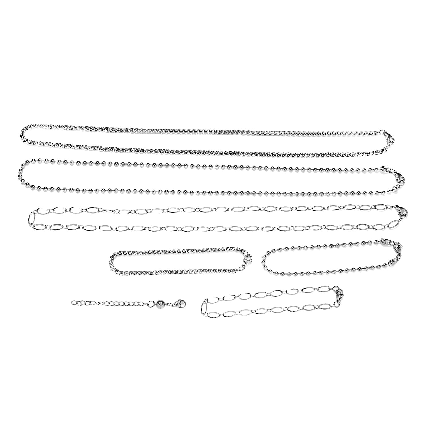 Beads, Wheat and Long Short Link Chain 3pcs Necklace 20 Inches, 3pcs Bracelet (7.5-8.0In) and 1pc Magnetic Lock in Stainless Steel