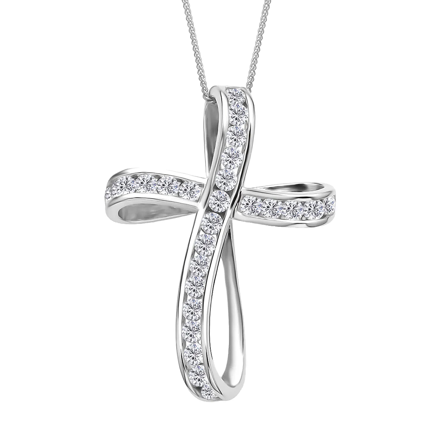 Moissanite Cross Pendant Necklace (18 Inches) in Rhodium Over Sterling Silver 1.50 ctw