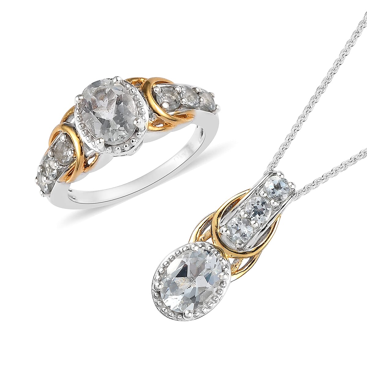 Brazilian Goshenite Ring and Pendant Necklace 20 Inches in Vermeil YG and Platinum Over Sterling Silver 7 Grams 3.00 ctw