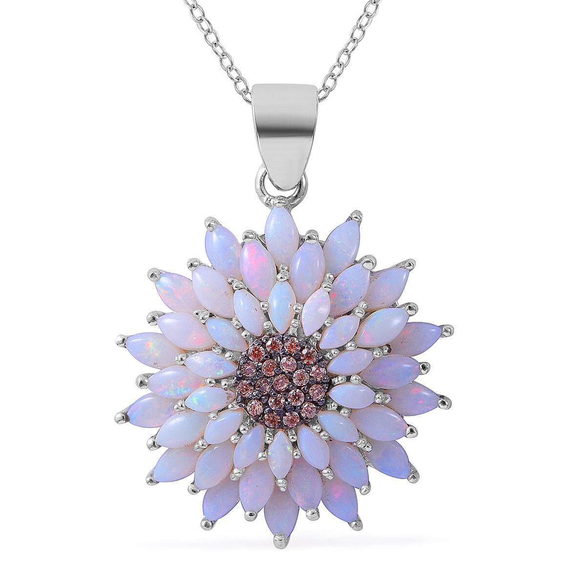 Australian Opal and Brown Zircon Floral Pendant Necklace 18 Inches in Platinum Over Sterling Silver 3.40 ctw