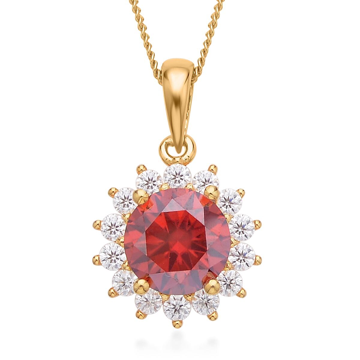 Red Luxury Red Moissanite Sunburst Pendant Necklace 18 Inches in Vermeil Yellow Gold Over Sterling Silver 2.25 ctw