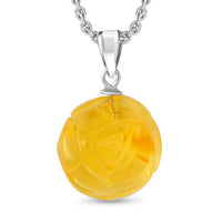Baltic Amber Carved Flower Pendant in Sterling Silver with Stainless Steel Necklace 20 Inches