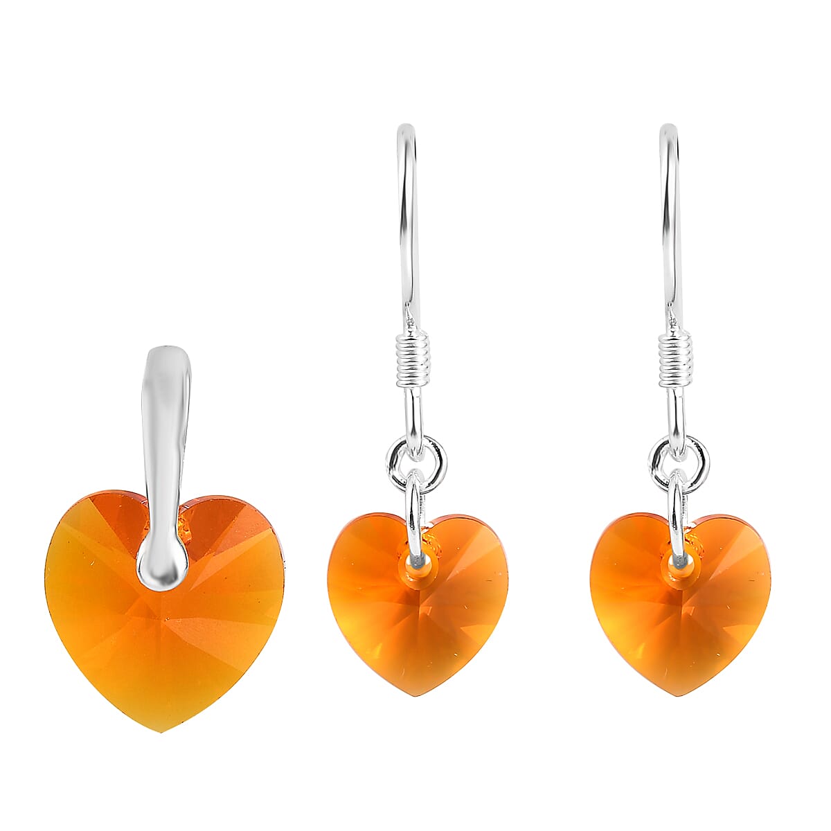 Tangerine Crystal Heart Pendant and Lever Back Earrings in Sterling Silver