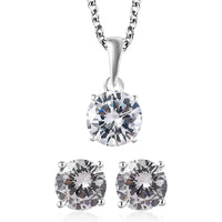 Simulated Diamond Solitaire Stud Earrings and Pendant Necklace (20 Inches) in Sterling Silver and Stainless Steel 6.35 ctw