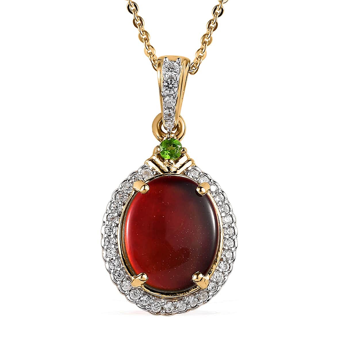 Canadian Ammolite and Multi Gemstone Halo Pendant Necklace 20 Inches in Vermeil YG Over Sterling Silver 0.50 ctw