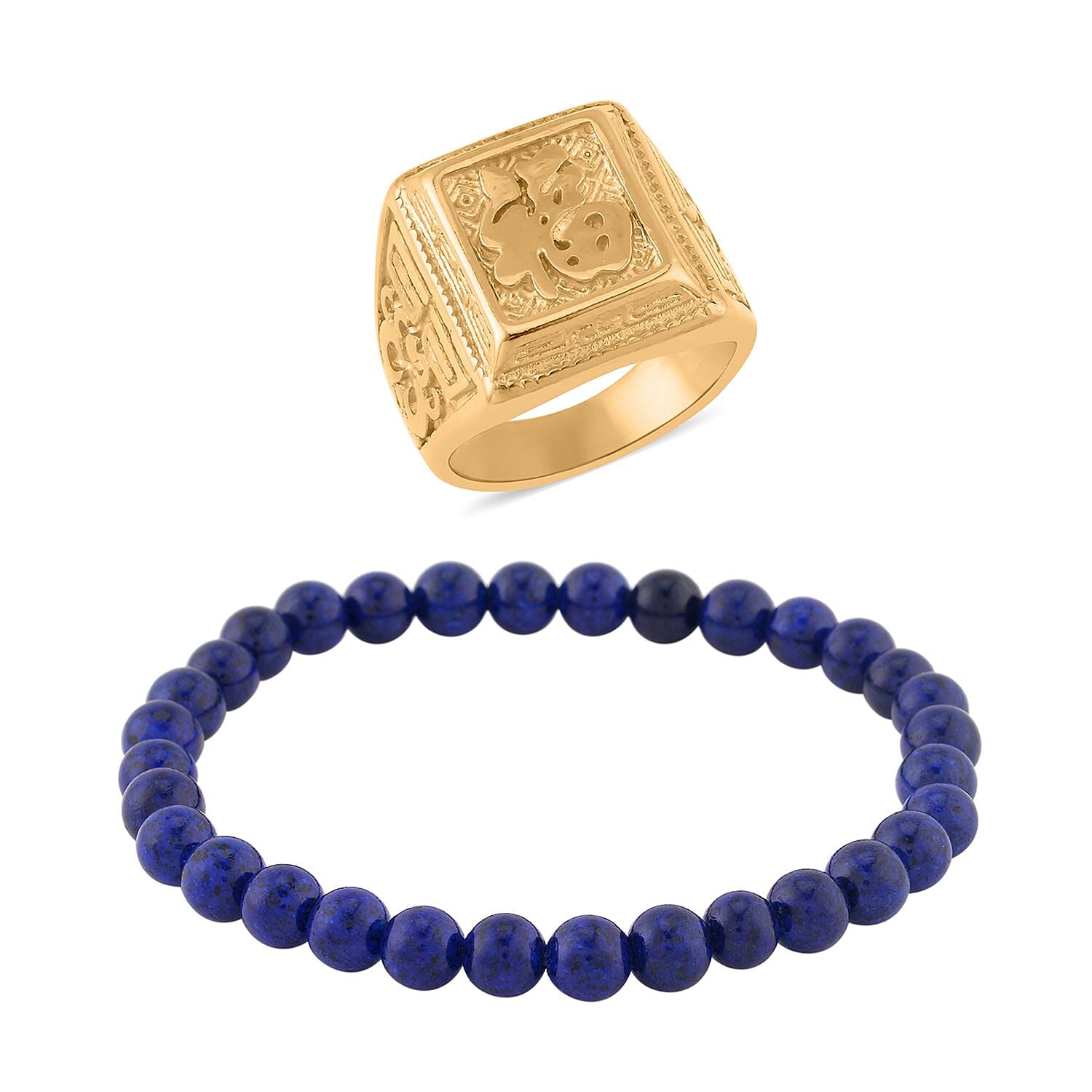 Lapis Lazuli Men's Beaded Stretch Bracelet with Lion Embossed Ring (Size 9.0) in ION Plated YG Stainless Steel 65.00 ctw