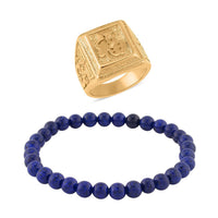 Lapis Lazuli Men's Beaded Stretch Bracelet with Lion Embossed Ring (Size 9.0) in ION Plated YG Stainless Steel 65.00 ctw