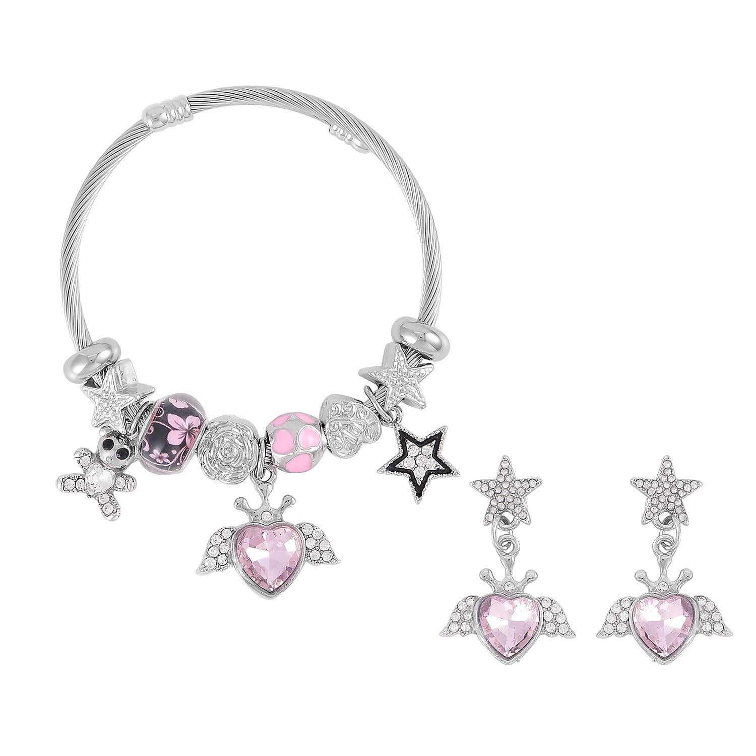 Pink Glass, White & Black Austrian Crystal Bracelet (6.5-7.5In) and Earrings in Goldtone & Stainless Steel
