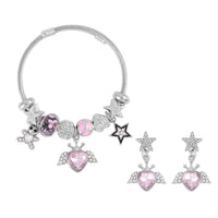 Pink Glass, White & Black Austrian Crystal Bracelet (6.5-7.5In) and Earrings in Goldtone & Stainless Steel
