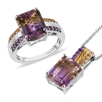 AAA Anahi Ametrine, Multi Gemstone Ring (Size 6.0) and Pendant Necklace (20 Inches) in Vermeil YG and Platinum Over Sterling Silver 10.00 ctw