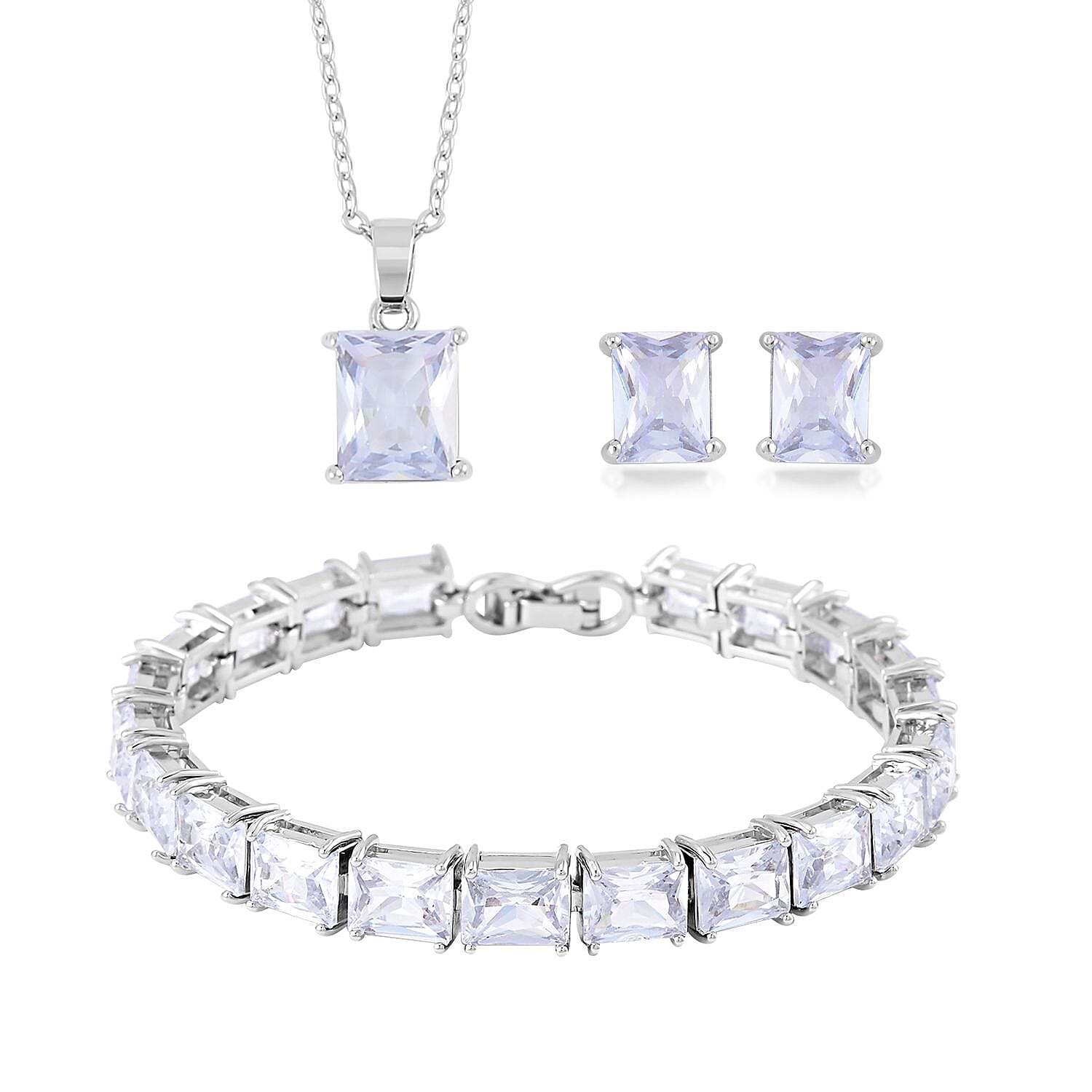 TLV Austrian Crystal Tennis Bracelet (6.50In), Stud Earrings and Pendant Necklace (20 Inches) in Silvertone