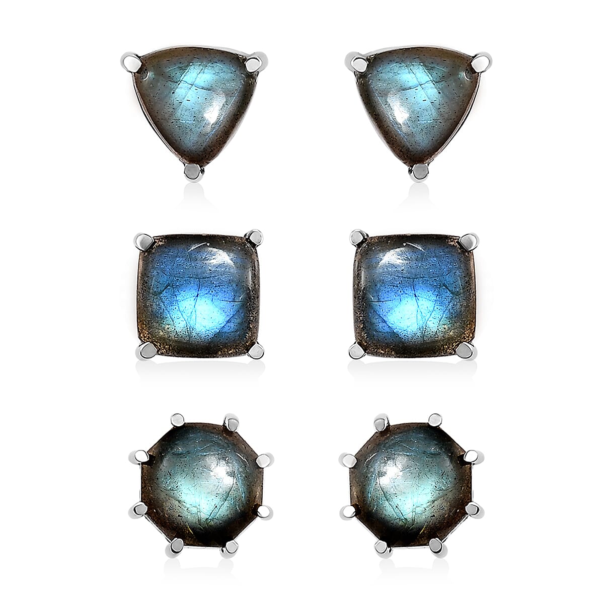 AAA Malagasy Labradorite Set of 3 Solitaire Stud Earrings in Stainless Steel 15.35 ctw