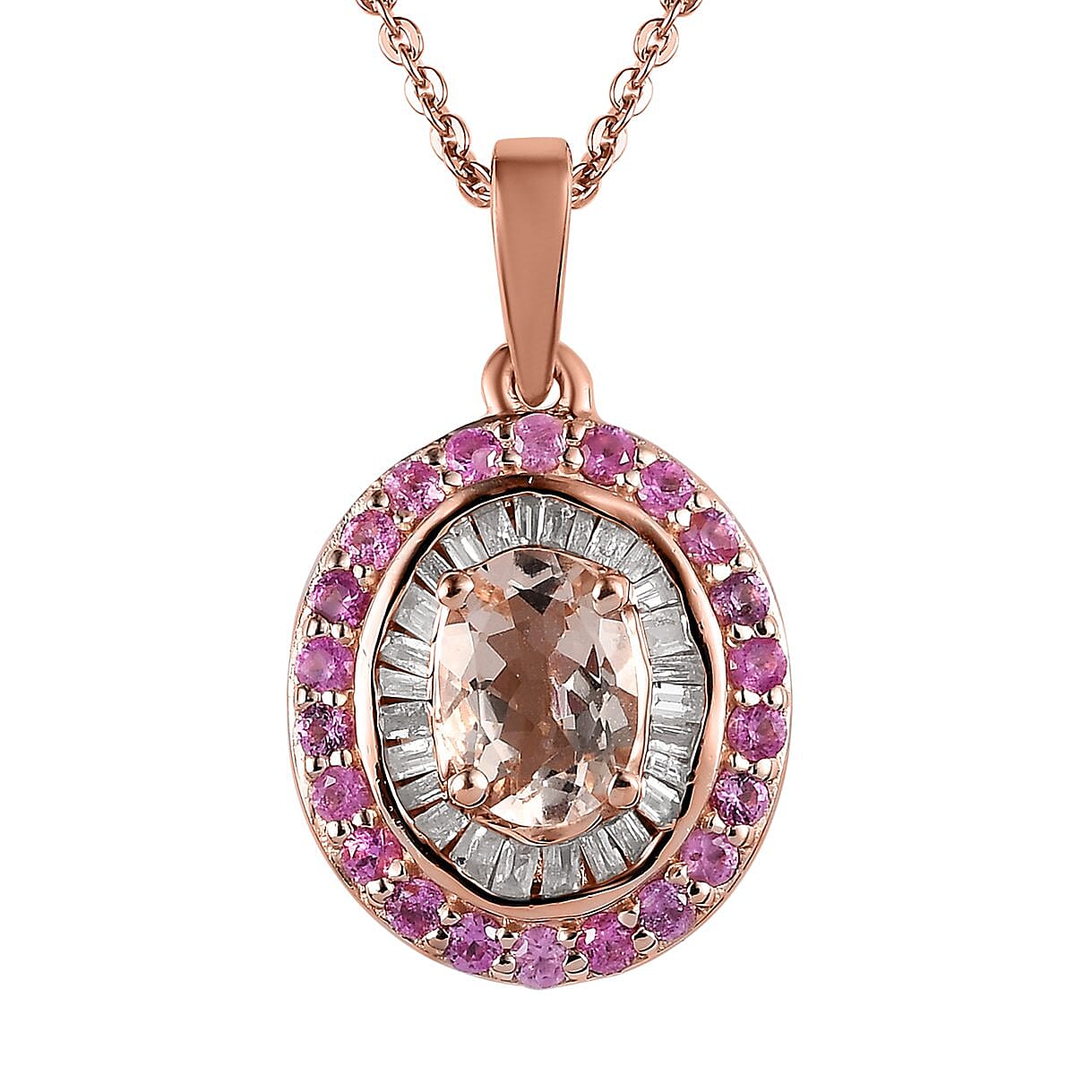 Marropino Morganite, Pink Sapphire and Diamond Double Halo Pendant Necklace 20 Inches in Vermeil Rose Gold Over Sterling Silver 1.35 ctw