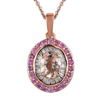 Marropino Morganite, Pink Sapphire and Diamond Double Halo Pendant Necklace 20 Inches in Vermeil Rose Gold Over Sterling Silver 1.35 ctw