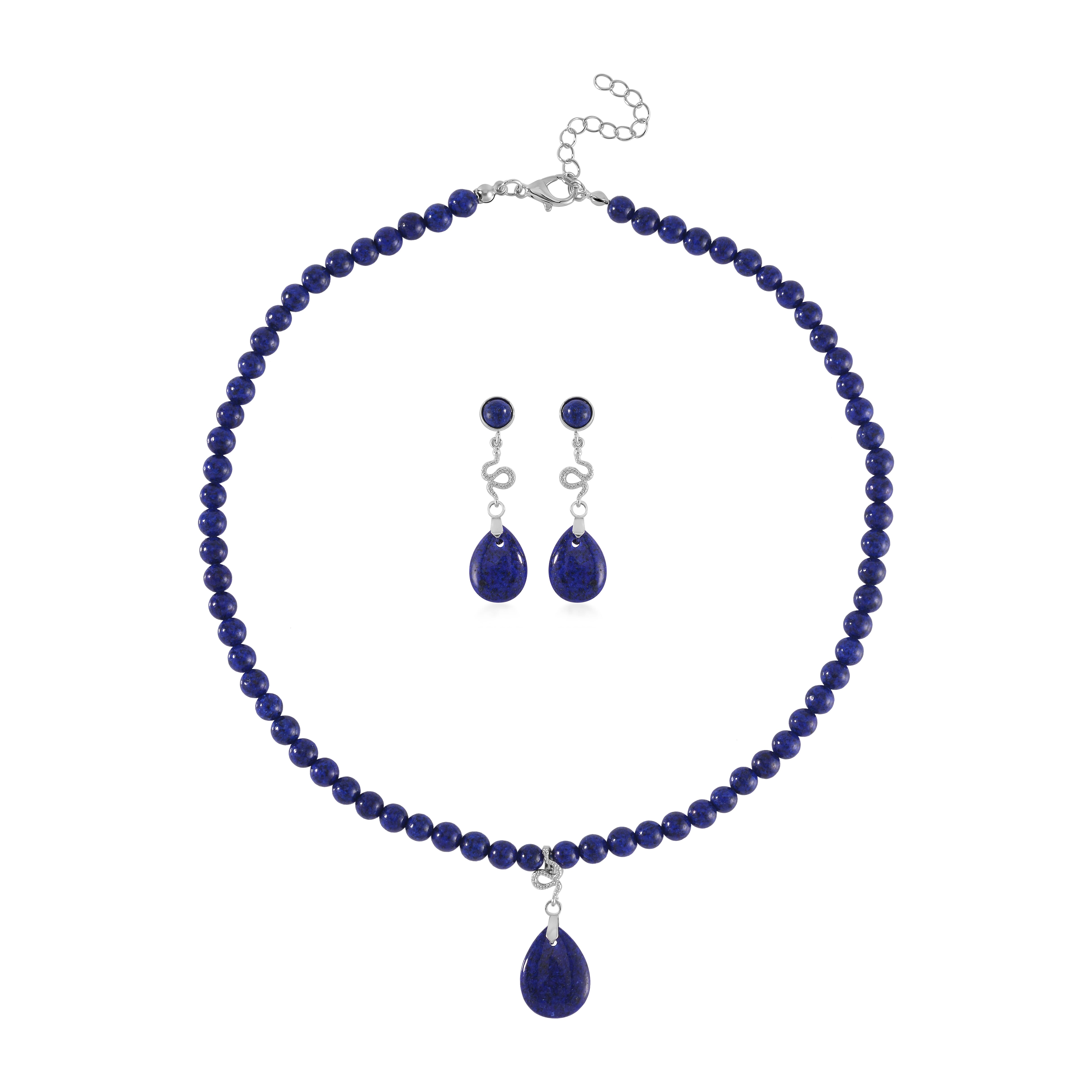 Lapis Lazuli Necklace 18-20 Inches and Earrings in Silvertone 202.00 ctw