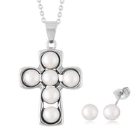 White Freshwater Pearl Stud Earrings and Cross Pendant Necklace 20 Inches in Silvertone & Stainless Steel