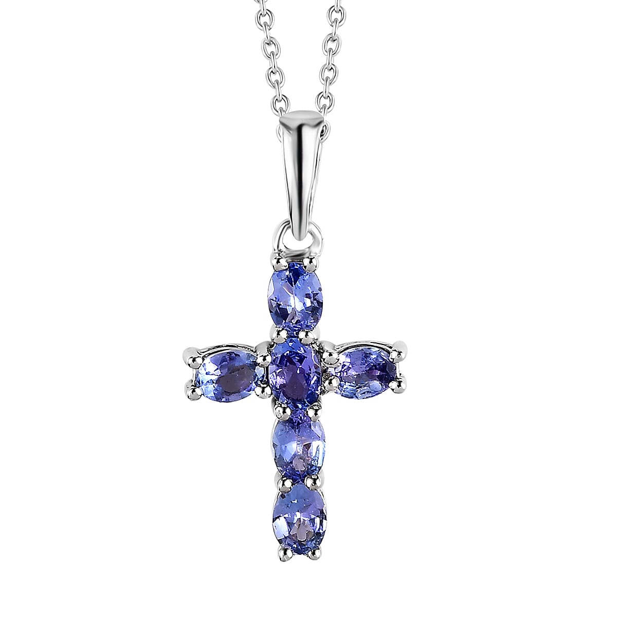 Tanzanite Cross Pendant Necklace 20 Inches in Platinum Over Sterling Silver 1.00 ctw