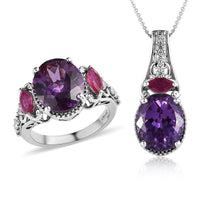 Lab Grown Color Change Sapphire and Multi Gemstone Ring and Pendant Necklace 20 Inches in Platinum Over Sterling Silver 15.60 ctw