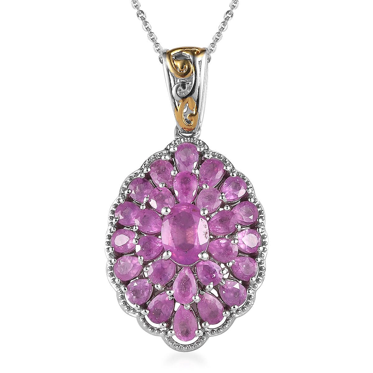 TLV Ilakaka Hot Pink Sapphire (FF) Pendant Necklace (20 Inches) in Vermeil YG and Platinum Over Sterling Silver 8.75 ctw