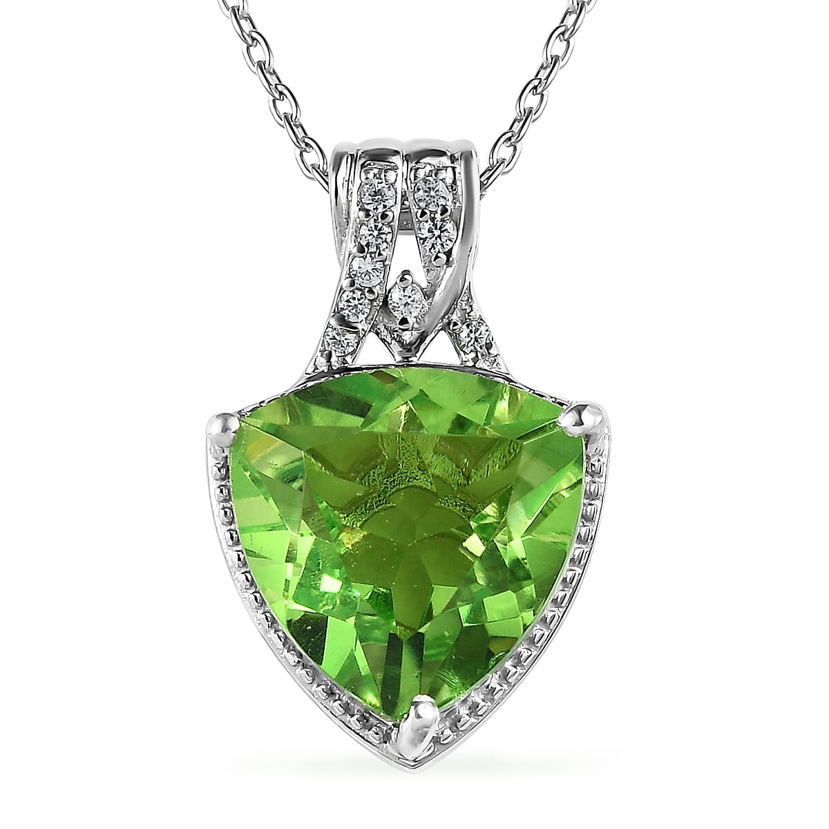 Chartreuse Quartz (Triplet) and White Zircon Pendant Necklace 20 Inches in Platinum Over Sterling Silver 6.25 ctw